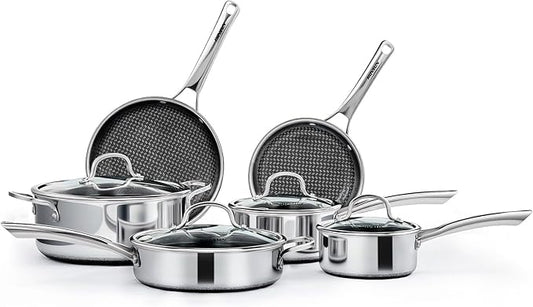 ROVSUN 10 Pcs Non-Stick Cookware Set, Stainless Steel Pots and Pans Set with Lids, Non-Toxic Kitchen Set Chef's Pan, PFOA & PTFE Free, Compatible for All Cooktops