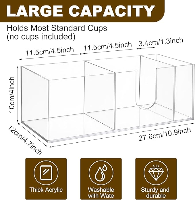 2 Pcs Acrylic Coffee Cup Holder with 3 Compartments Coffee Cup Dispenser for Countertop Plastic Lid Holder Station Organizer Accessories for Kitchen Bar Shop Farmhouse Table(Clear)