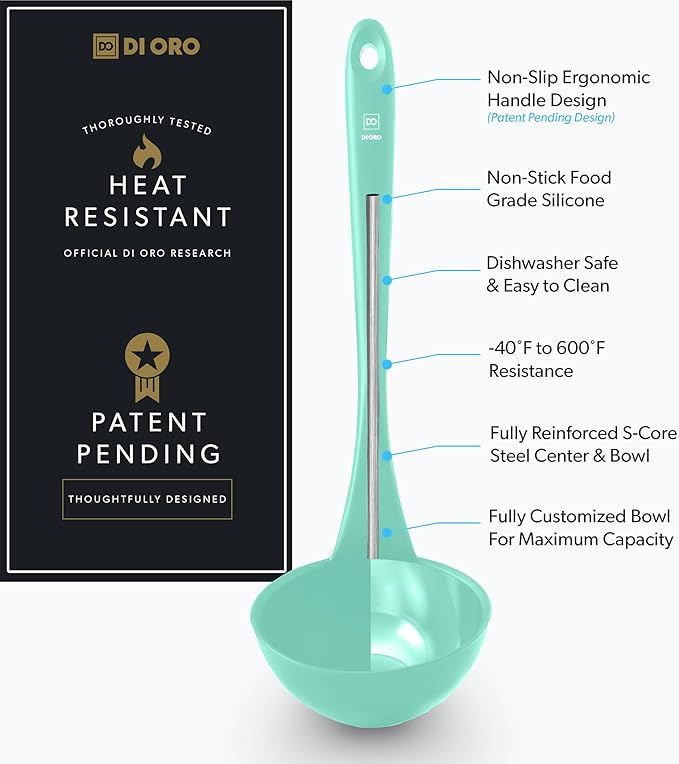 DI ORO Silicone Ladle – Soup Ladle for Cooking & Serving Heat-Resistant - Large Kitchen Soup Ladle Nonstick Cookware Safe - Soup Serving Spoon with Wide Bowl - Silicone Utensil Dishwasher Safe (Mint)