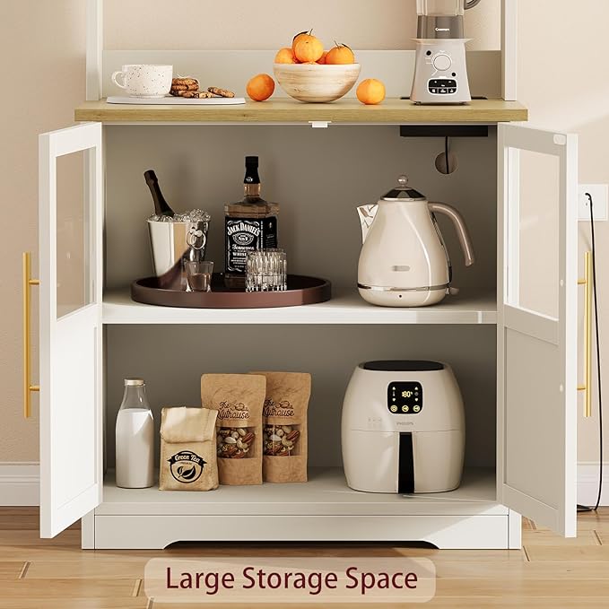 IDEALHOUSE Bakers Rack With Storage Cabinet, Microwave Stand With Power Outlets, Farmhouse Bakers Rack With Thick Table Top, Small Kitchen Pantry for Kitchen,Dining Room,White & Peer Wood