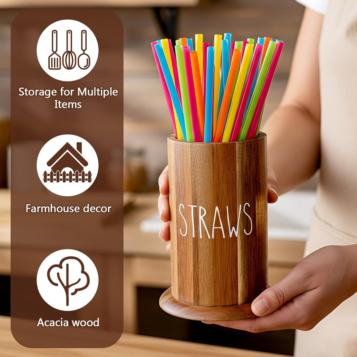 LemonRoad Straw Holder Dispenser Acacia Wood Straw Holder for Counter Large Utensil Organizer for Kitchen Flatware and Spatula Storage Organizer for Coffee Bar Party Countertop Pantry and Bathroom