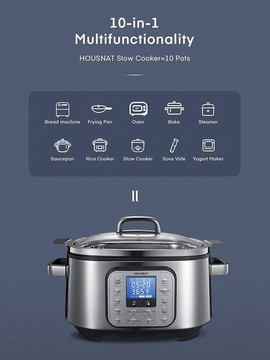 HOUSNAT Slow Cooker, 10 in 1 Programmable Cooker, 304 Stainless Steel Rice Cookers 6QT, Yogurt Maker, Delay Start, Adjustable Temp& Digital Time for Large Families or Entertaining
