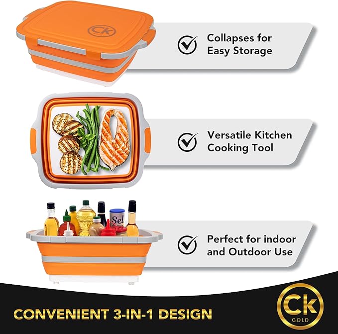 New LARGE Collapsible BBQ Prep Tub /LOCKING Lid, Cutting Board & Drain Hole | BPA-Free, Food-Grade, Recyclable, Space-Saving Buckets for Grilling, Camping, Kitchen & Outdoor Cooking (Orange, 8 Liters)