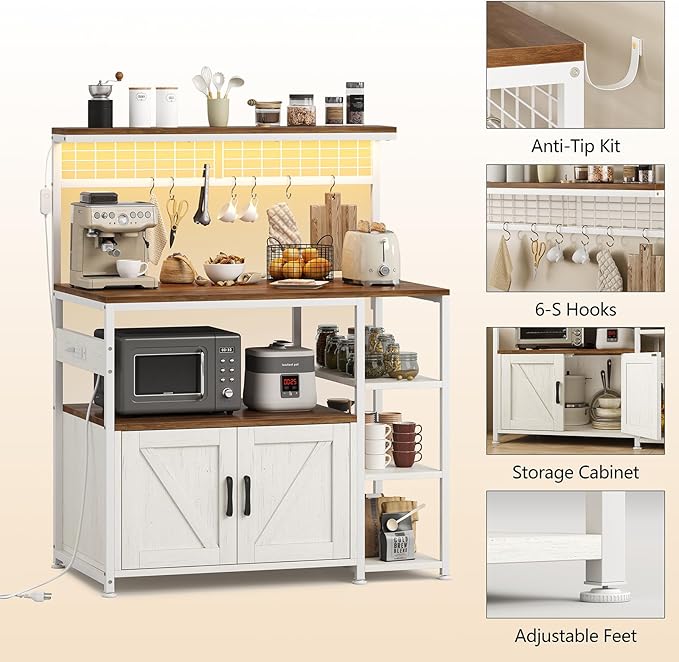 TVU Bakers Rack with Power Outlet and LED Light, Microwave Stand with Storage Cabinet, Coffee Bar Cabinet Station with 6 Hooks for Kitchen, Dining Room, Living Room, Coffee Bar, Walnut, White