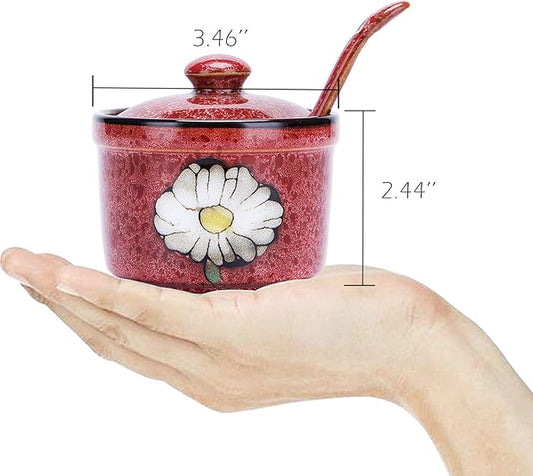 VanEnjoy Retro Hand Painted Flower Ceramic Round Sugar Bowls Spice Containers Porcelain Jar with Spoon Round Condiment