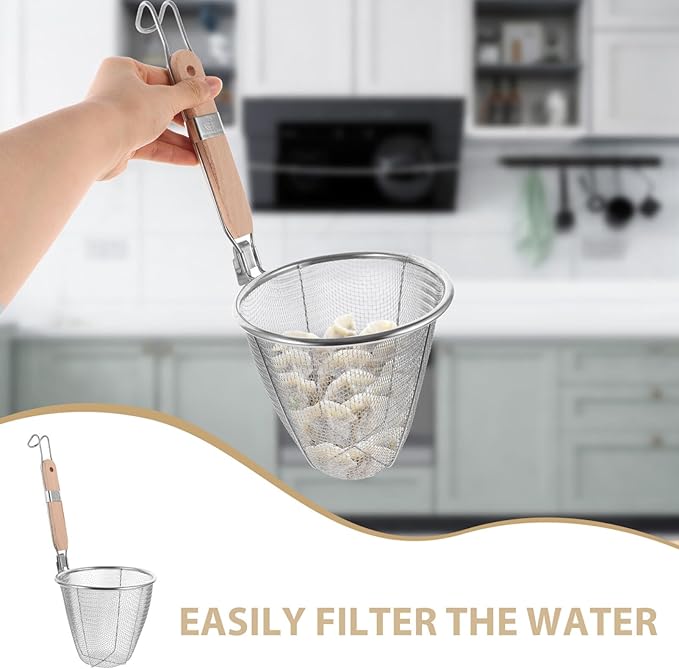 Stainless Steel Pasta Strainer Basket with Wooden Handle 13 Inch Noodle Skimmer Spoon for Cooking Dumplings Hot Pot and Food Draining
