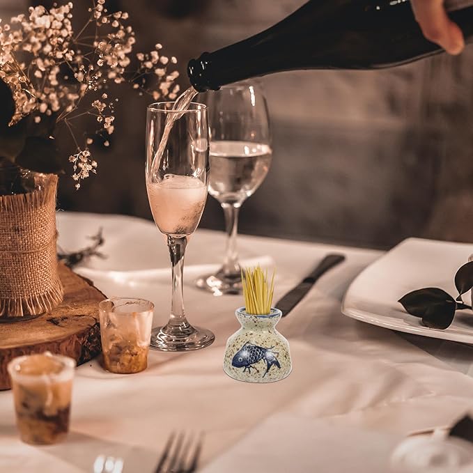 FAVOMOTO Ceramic Floral Vase, Retro Style Ceramic Toothpick Holder Mini Flower Vase Porcelain Floral Decorative Dried Flowers and Toothpick Holder for Kitchen Wedding Fish Pattern Pick