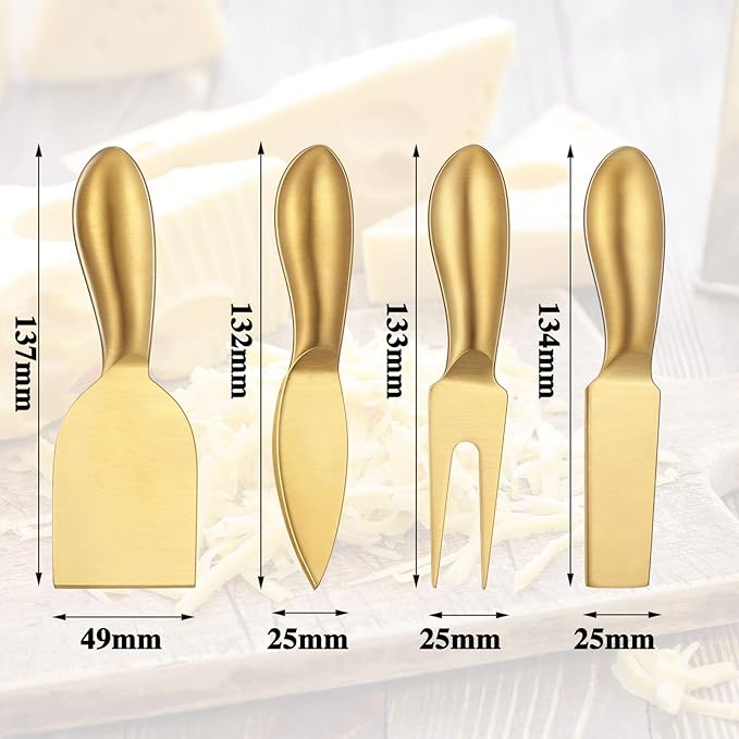 Patelai 4 Pieces Stainless Steel Cheese Knives Set, Knife Fork Slicer Butter Knife Set for Charcuterie and Cheese Spread Kitchen Cooking Christmas Gift for Women (Gold)