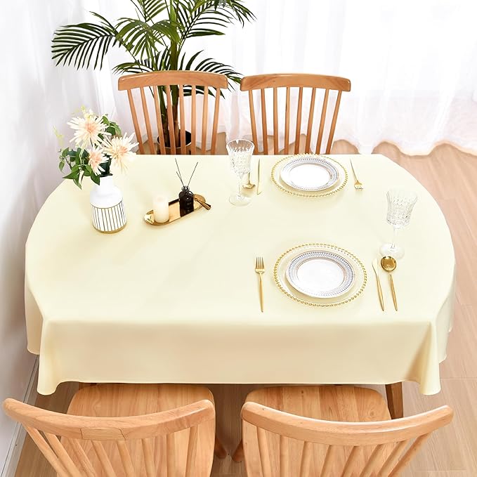 Wolkemer Oval Tablecloth 60 x 84 Inch Washable Fabric Table Cloth Solid Ivory Table Cover for Dining Wedding Party Banquet Tabletop Decoration