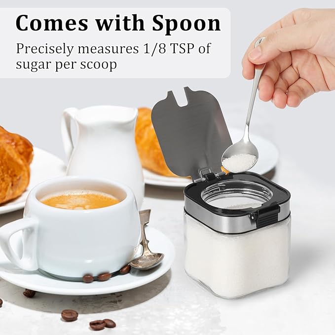 Aelga Glass Sugar Bowl with Lid and Spoon, 8.5 OZ Sugar Container Stainless Steels Flip Lid, Salt Container for Kitchen, Coffer Bar Accessories, Countertop