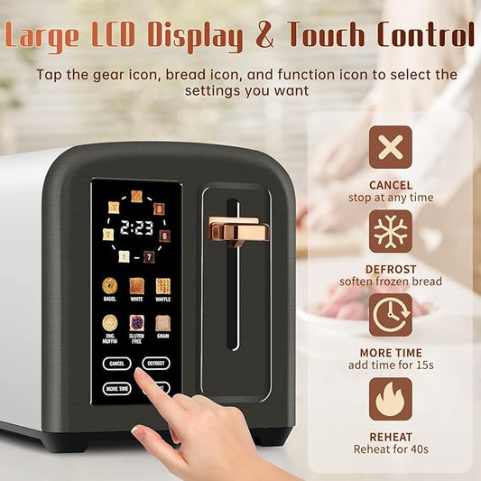 SEEDEEM Toaster 2 Slice with Touch Screen, Faster Heating Speed, 7 Shade Setting, 6 Bread Type, 1.5”Wide Slots Toaster, Removable Crumb Tray, 1350W, Dark Metallic