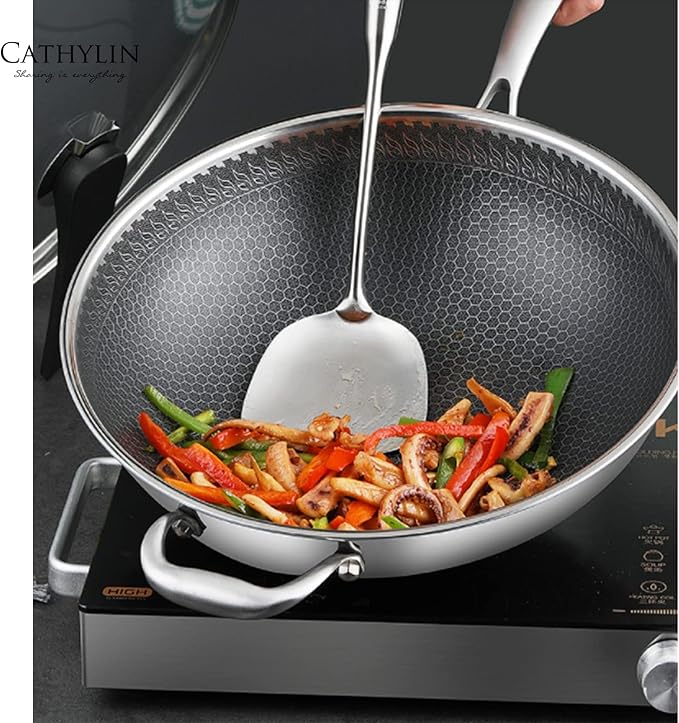 CATHYLIN 13'' 316L Stainless Steel Stir-fry Wok with Lid,Non Stick Skillet with Stay-cool Handle PFOA Free Suitable for Induction, Ceramic, Electric, and Gas Cooktops