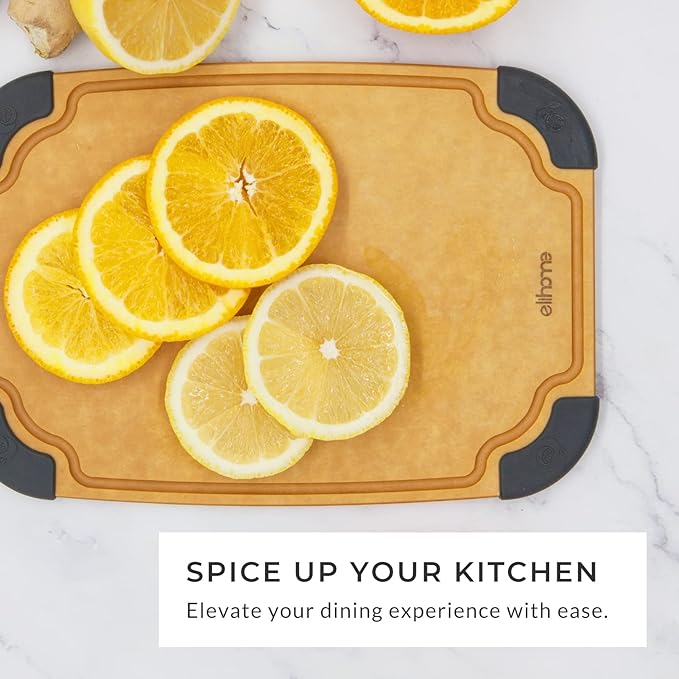 Elihome Essential Series 2-in1 Wood Cutting Board Set for Kitchen, Wooden Board for Chopping Vegetables, Bread, Cheese, Meat, Salad, Bread Board for Countertop, Butcher Block, Non-Slip
