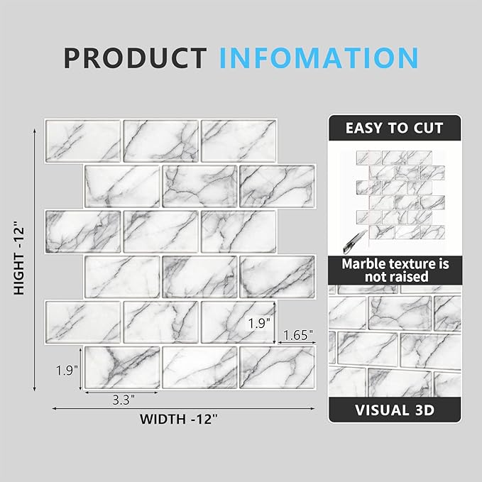 URCOLOR 10-Sheet backsplash Tile for Kitchen Peel and Stick,12"x12" Self Adhesive Subway Wall Tiles Stick on Back Splashes for Bathroom White Marble