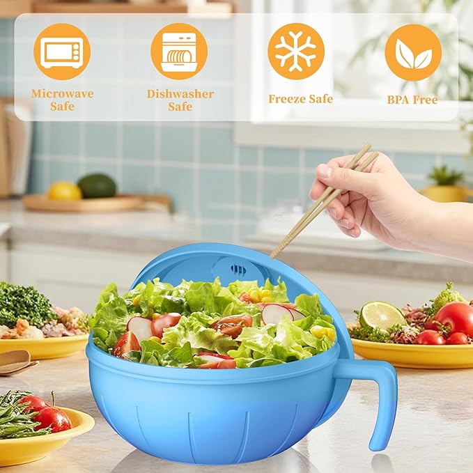 steo spce Large Ramen Bowl Set, 40 Oz Microwaveable Noodle Cooker with Leak-Proof Lids, Chopsticks, Spoon & Fork – Portable and Dishwasher Safe, Ideal for Home, Office, Dorm, or Gift Light (Blue)