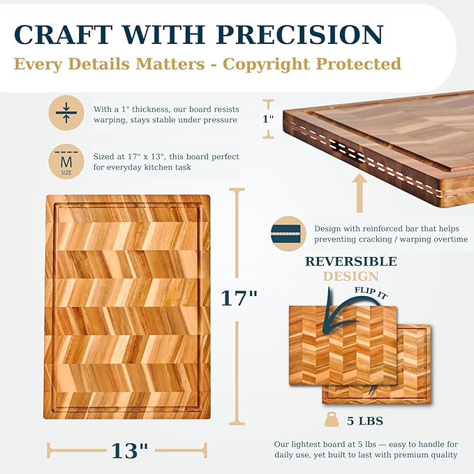 Bearchop Herringbone Acacia Wood Cutting Boards for Kitchen, Butcher Block with 4-Side Reinforced Bar for Anti Crack/Warp, [17"x13"x1"] Medium Cutting Boards with Gift Box, Juice Groove, Handle