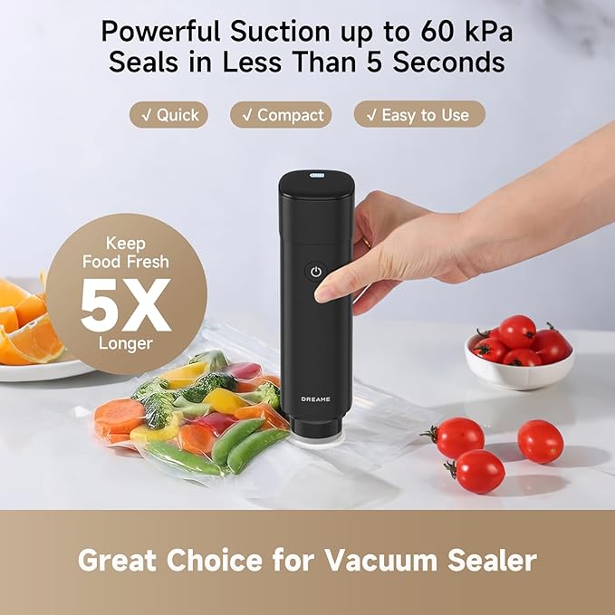 DREAME VH20 Handheld Vacuum Sealer Machine for Food with 30 Reusable Vacuum Bags, Compact Food Vacuum Sealer, Auto Stop, Rechargeable Food Sealer Saver, Dry & Moist Modes, For Container & Wine Bottles