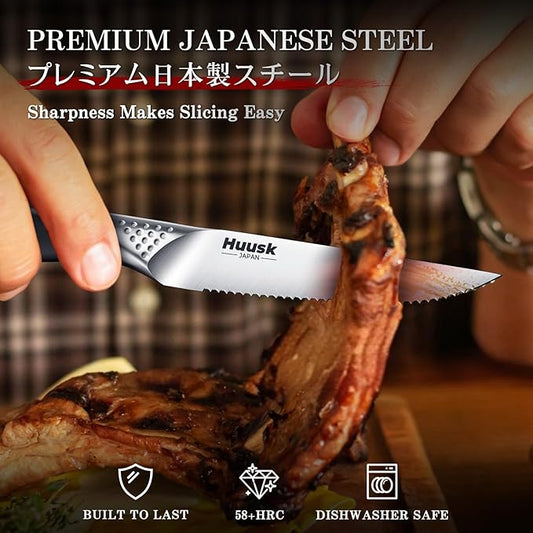 Huusk Serrated Steak Knives Set, 4.5" Japanese Stainless Steel Steak Knives Set of 4, Sharp Dishwasher Safe Dinner Knife for Kitchen Table with Gift Box, Christmas Gifts for Men Women