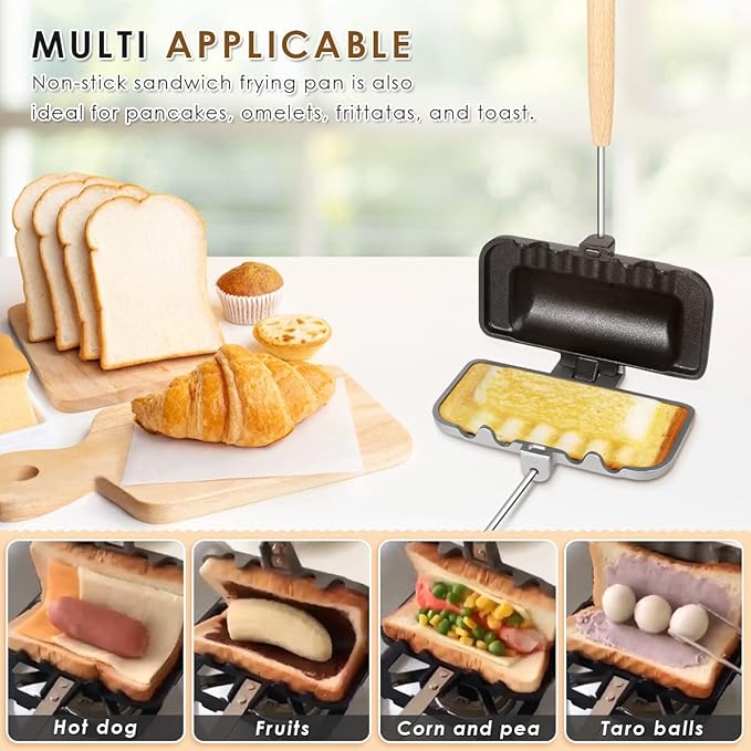 Hot Sandwich Maker, Hot Dog Toaster, Double-Sided Sandwich Baking Pan, Double Sided Frying Pan, Grilled Cheese Maker Nonstick Sandwich Maker Flip Grill Pan for Breakfast Pancakes, Toast, Omelets