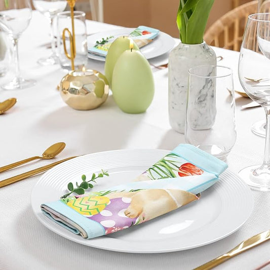 Easter Bunny Napkins, 18×18 Inch Egg Flower Butterfly Dinner Cloth Napkin Set of 10, Washable Cotton Soft Absorbent Square Napkins for Dining Kitchen Party Wedding Decoration