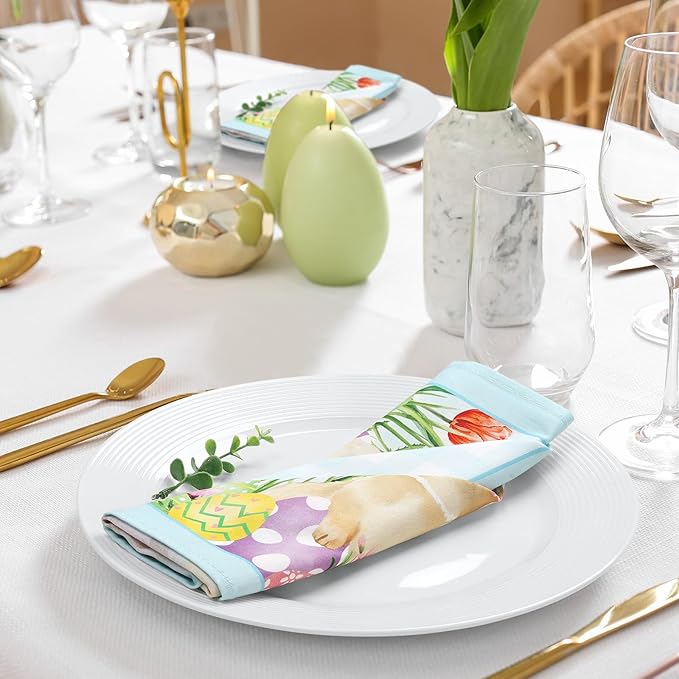 Easter Bunny Napkins, 18×18 Inch Egg Flower Butterfly Dinner Cloth Napkins Set of 6, Washable Cotton Soft Absorbent Square Napkins for Dining Kitchen Party Wedding Decoration