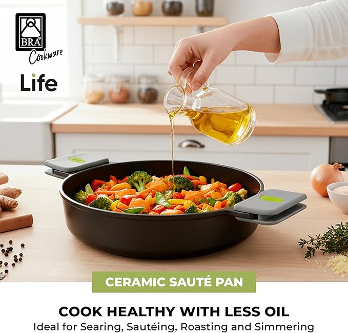 BRA COOKWARE Life Ceramic Nonstick Sauté Pan w/Glass Lid | 11 Inch 2.9 Quart Recycled Aluminum Deep Pan | Dual-Handle Braiser | Ceramic Non-Stick Coating | PFOA Free | All Cooktops & Oven Safe