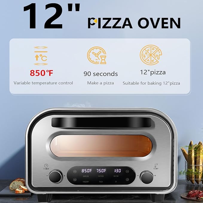 QERPRE Electric Pizza Oven Indoor 1700W Countertop Pizza Maker Fast Heating up to 850°F Touchscreen 6 Preset Modes Adjustable Timer & Temp Knobs Used for Commercial & Home Kitchen in Silver