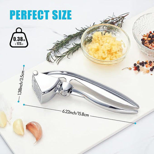 Garlic Press, Premium Kitchen Metal Garlic Crusher Masher Tool, Rust Proof & Dishwasher Safe, Heavy Duty Professional Garlic Mincer with Ergonomic Handle, Easy to Squeeze and Clean -Silver