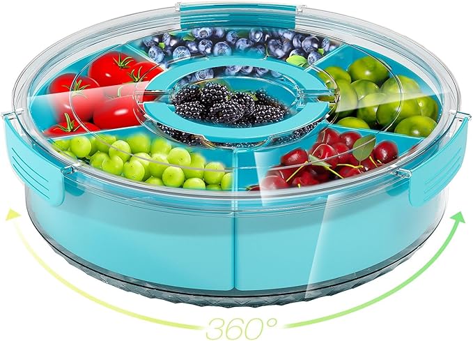 Divided Serving Tray with Lid and Handle,Large Snack Spinner,Snackle Box Container, Multi-purpose Food Platter for Charcuterie Veggie Fruit, Taco Tuesday Movie Night Travel Beach Picnic Essentials