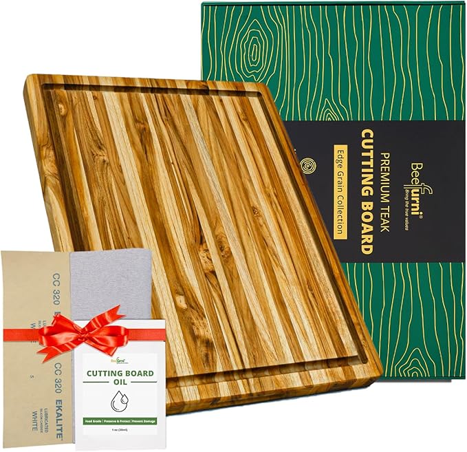 BEEFURNI Teak Wood Cutting Board with Juice Groove Hand Grip (M, 20x15x1.25"), Durable Wooden Cutting Boards for Kitchen, Butcher Block, Serving & Charcuterie Board, Christmas Gifts, 1-year Warranty