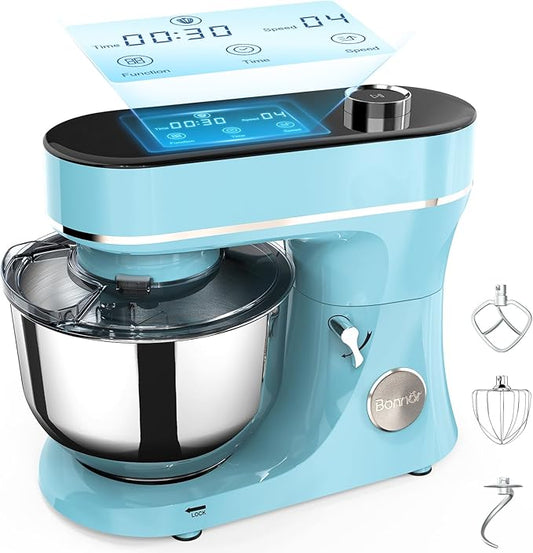 Bonnor Stand Mixer 6QT Kitchen Mixer with LED Smart Touchscreen, 11-Speed Tilt-Head Mixer with Timer, 4 Preset Menus, Stainless Steel Bowl, Dough Hook, Whisk, Beater,Blue