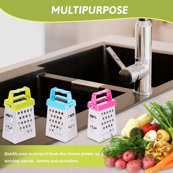 6 Pcs Mini Cheese Grater Professional Box Grater Stainless Steel Fine Coarse Handheld Slicer with 4 Sides Small Box Food Shredder Safe Zester (Blue + green + purple + black + white + gray)