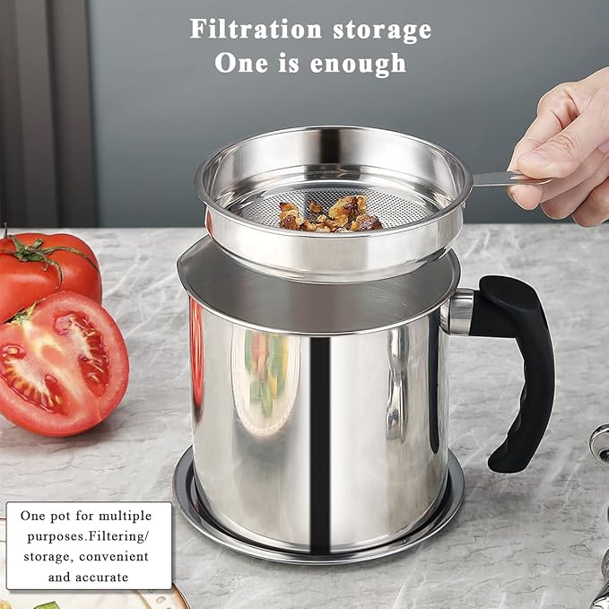 Berglander Bacon Grease Container With Strainer 47oz/1.4L, Stainless Steel Oil Storage Container with Fine Mesh Strainer Dust-proof for Storing Frying Oil and Cooking Fat, Cooker Accessories