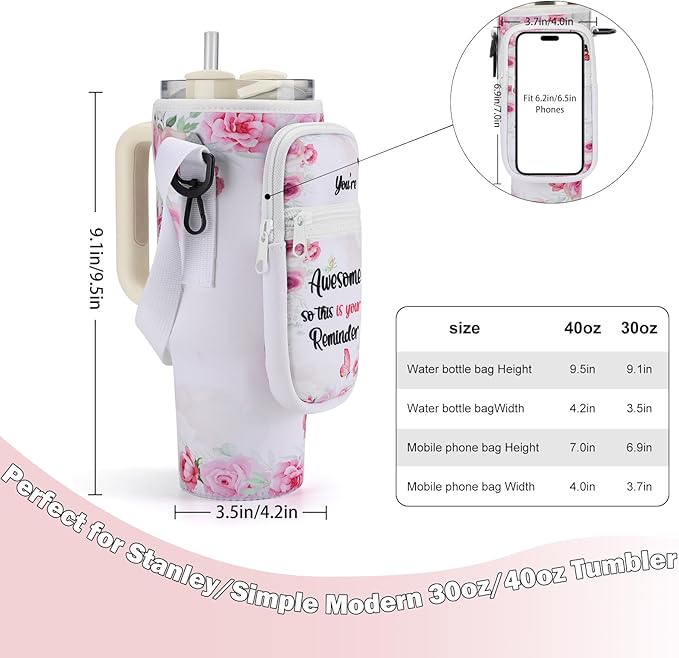 Water Bottle Carrier Bag for Stanley 40/30 oz Tumbler with Phone Pocket Neoprene Water Bottle Holder with Shoulder & Handheld Strap Stanley Cup Accessories