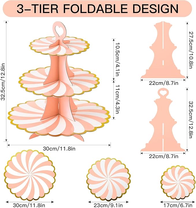 Soleebee 3-Tier Cupcake Stand, Cardboard Cupcake Tower, Dessert Cup Cake Stand Tower for Birthday Wedding Party Decoration, Cupcake Tier Stand 2 Set (Pink Gold)