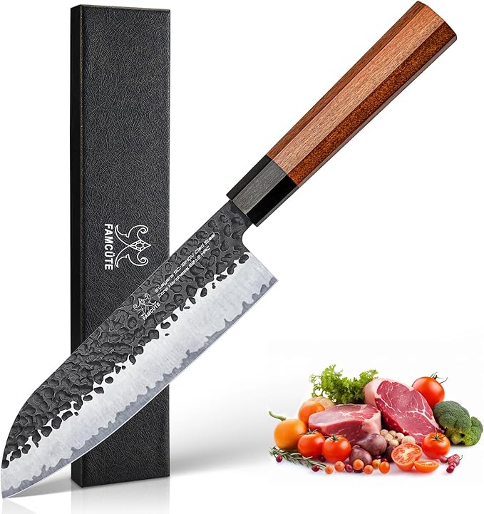 Santoku Knife 7 inch, Hand Forged 5 Layers 9CR18MOV High Carbon Steel Professional Kitchen Knife, Ultra Sharp Rosewood Handle Japanese Sushi Knife As a Thoughtful Christmas Gift for Dad/Mom