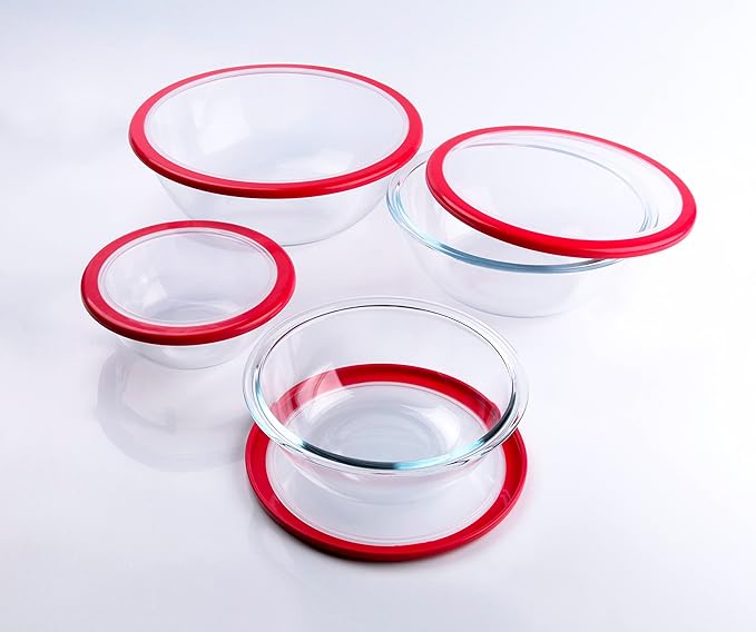 HUSANMP Glass Mixing Bowl with Lids Set, 8 PCS Glass Salad Bowls for oven. Microwave and Dishwasher Safe (0.7L + 1.3L + 2L + 3L)