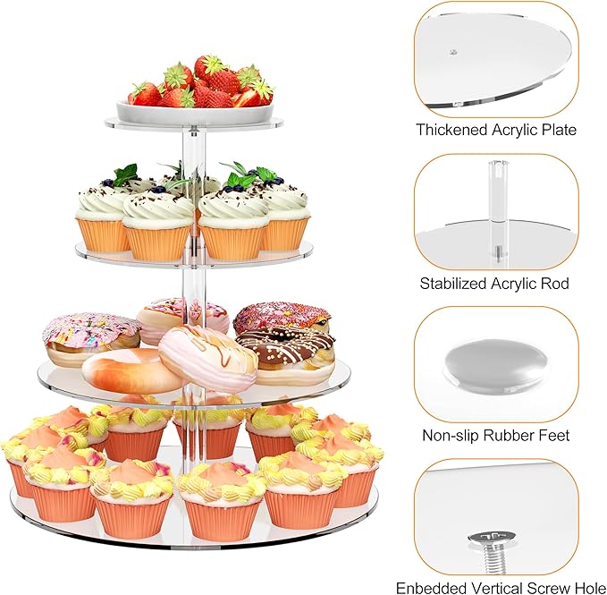 4 Tier Round Cupcake Stand, Acrylic Cupcake Display Stand for 38 Cupcakes, Clear Cupcake Holder Stand for Dessert Table, Cupcake Tower Stand for Wedding Birthday Party Graduation