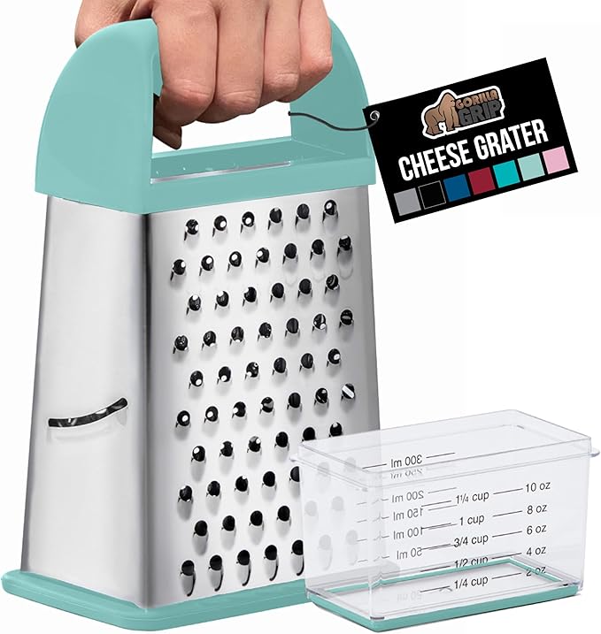 GORILLA GRIP 4-Sided Stainless Steel Cheese Grater With Container, 100% BPA-Free Box Grater, Slip Resistant Base and Handle, Grate Parmesan, Hard Cheeses, Shred Vegetables, Dishwasher Safe, Mint