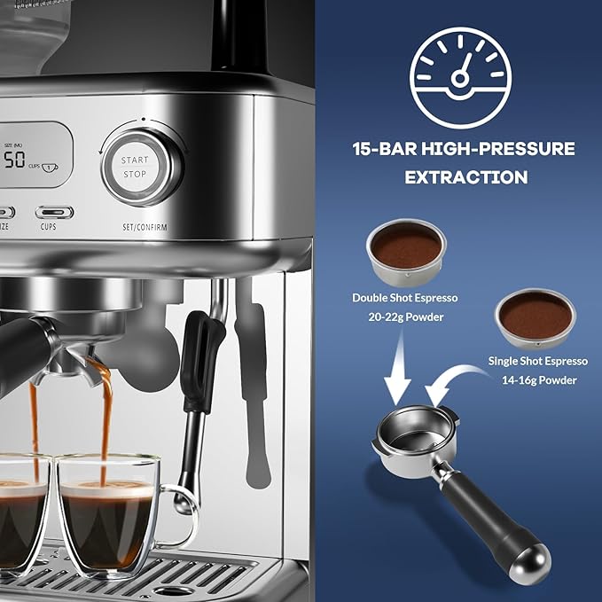 IDEALHOUSE Espresso Maker with Grinder,Milk Frother, 15 Bar Pump, 15 Grind Settings, Digital Display, High Power Milk Frother, Digital LCD Screen, Stainless Steel Coffee Maker for Home and Office