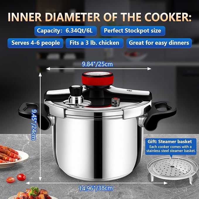 pressure cooker stainless steel 6 quart, olla de presion,stainless steel Pressure Cooker 6+ quart, Compatible with Induction and Gas Stovetops, ollas de presión para cocinar panela de pressao