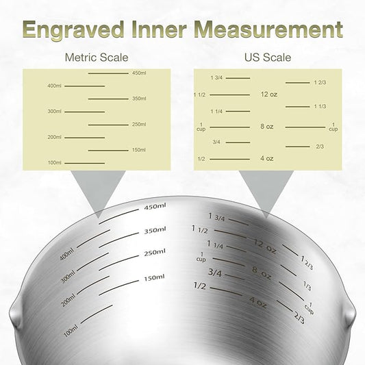 2PCS Stainless Steel Measuring Cup Set, Includes 2Cup(480ml, 16oz) and 1Cup (240ml, 8oz), Etched Inner Scale Measure Scoop, Metric and US Measurement, Dishwasher Safe