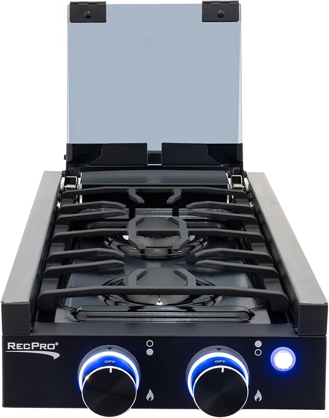 RecPro RV Built In Gas Cooktop | 2 Burner or 3 Burner | RV Cooktop Stove | 6,500 and 8,000 BTU Burners | Cover Included (Black, 2-Burner)