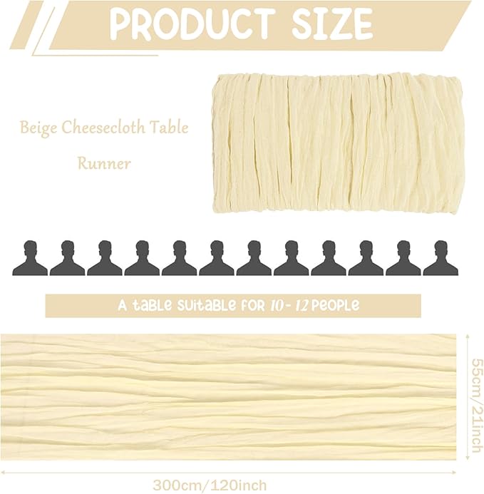 10 Pack Beige Cheesecloth Table Runner 10FT Boho Gauze Fabric Table Runner Vintage Rustic Sheer Runners for Wedding Party Bridal Baby Shower Long Table Decorations