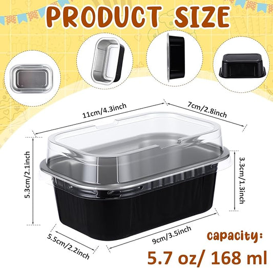 Vesici 100 Sets Mini Loaf Pans with Lids, 5.7 oz Disposable Aluminum Foil Baking Cups, Rectangle Cake Pans for Pudding Desserts Muffin Baking Storage Valentines Wedding Birthday Party(Black Silver)
