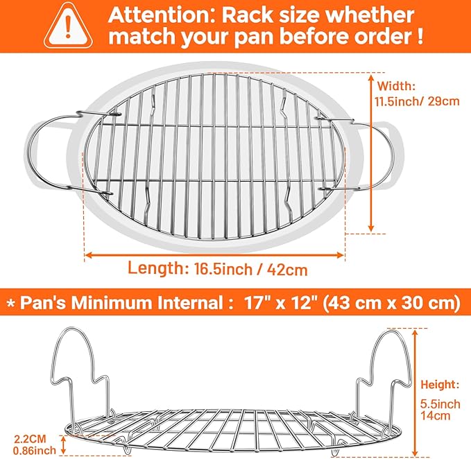 16.5inch Oval Roasting Rack for Oven, Thanksgiving Christmas Gifts for Mom Men Wife Cooking Home Chefs, Stainless Steel Cooling Rack with Handle, Wire Rack for Cooking, Grilling, Drying