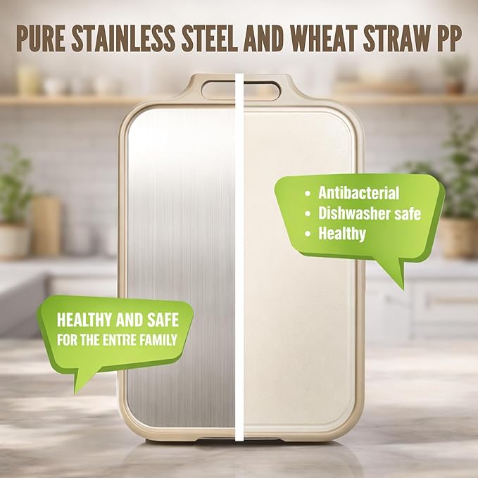 Stainless Steel Cutting Board, Double Sided Steel Cutting Boards for kitchen, Non Toxic Stainless Steel/Wheat straw pp Large size for meat,17 * 11 Inch,Dishwasher Safe,luxury style Aesthetic chopping