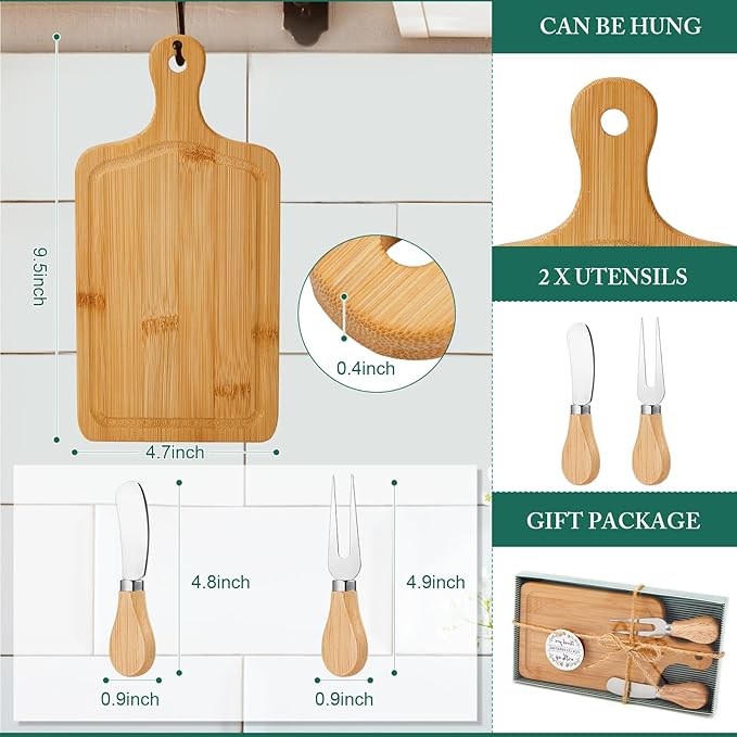 Ziliny 90 Set Bridal Baby Shower Cheese Prizes Wooden Square Board Gift Set Knives Forks Thank You Tag with Box for Guests for Valentines Bridal Baby Shower Housewarming (Acacia Color) (Bamboo Color)