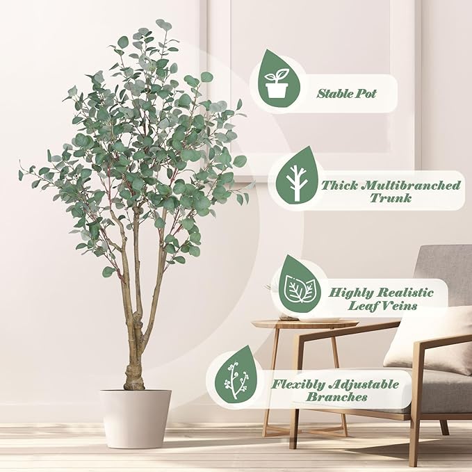 6FT Artificial Eucalyptus Tree Indoor, Tall Faux Eucalyptus Plant with Pre-Potted Realistic Silk Leaves and Trunk, Fake Eucalyptus Tree for Office Living Room Bedroom Kitchen Home Corner Decor