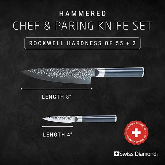 Swiss Diamond Chef & Paring Knife, German Steel With ABS Handle, Half Tang Handle, Hammered Blade Chef Knives Professional Grade, 55+2 Rockwell Hardness, 8 & 4.5 Inch